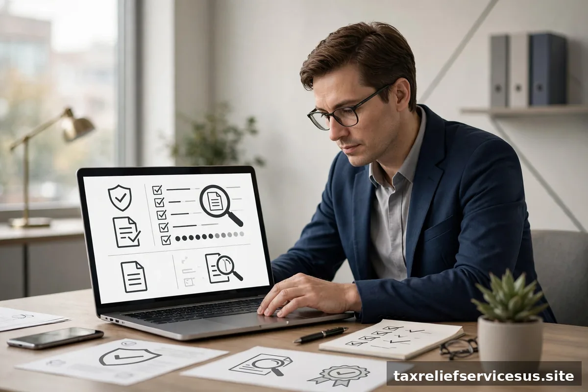 Person vetting tax relief company credentials on laptop