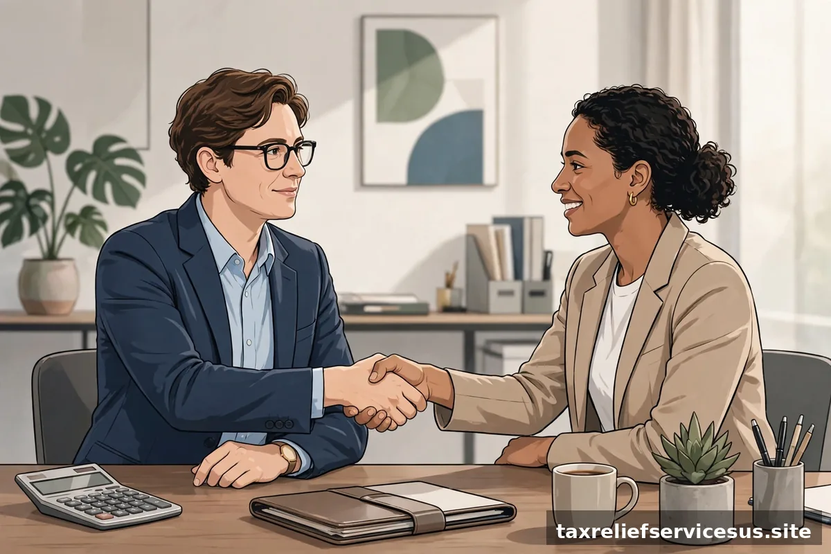 Handshake with tax professional in office