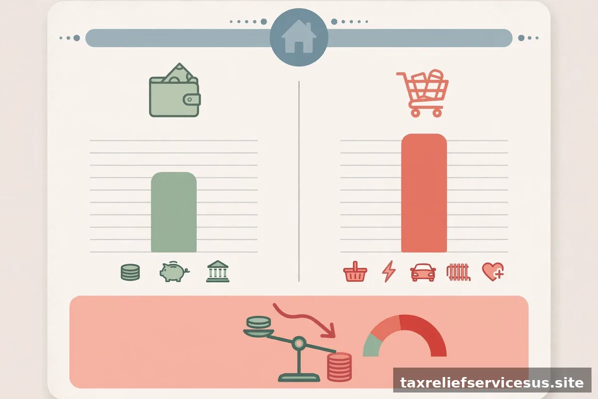 Household budget worksheet showing expenses exceeding income