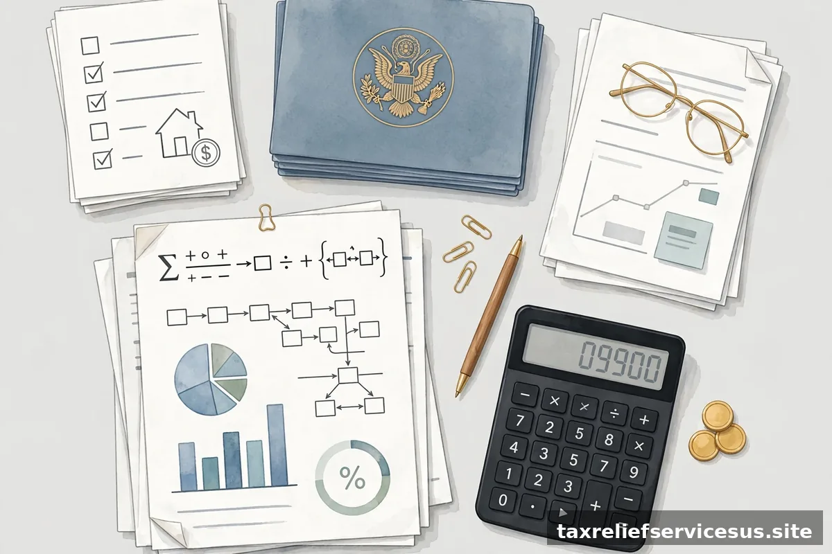 IRS formula calculation with financial documents and calculator