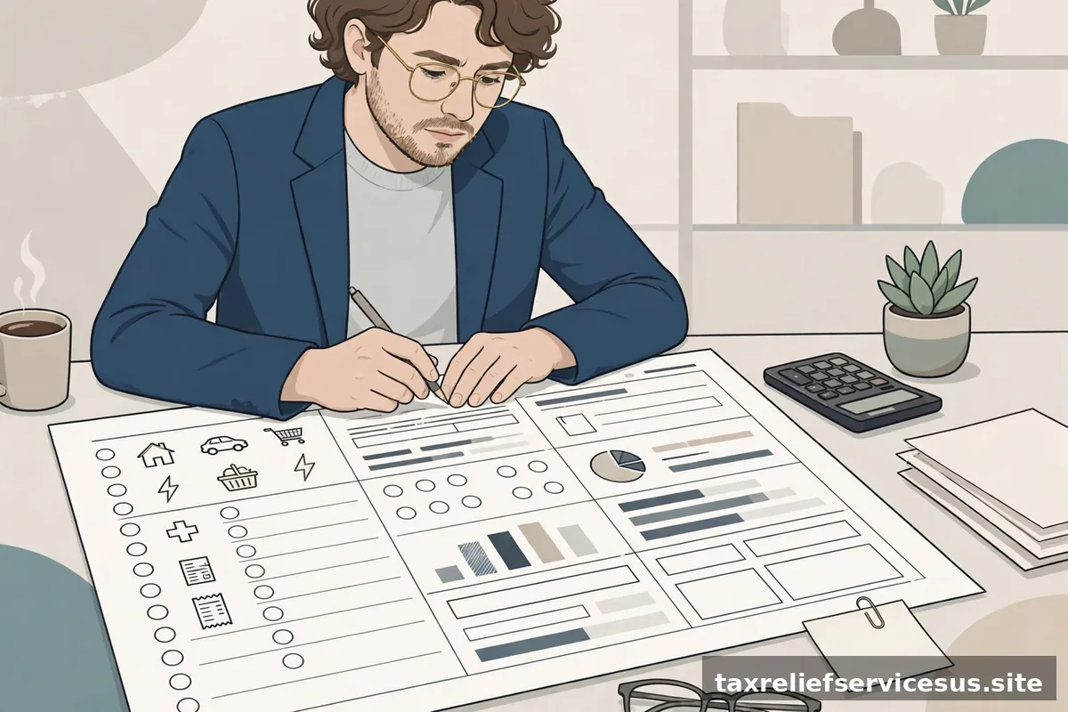 Person reviewing allowable living expense standards worksheet