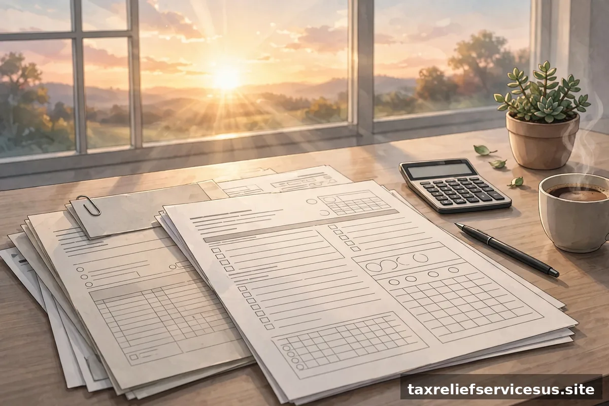 Fresh start concept sunrise over tax documents