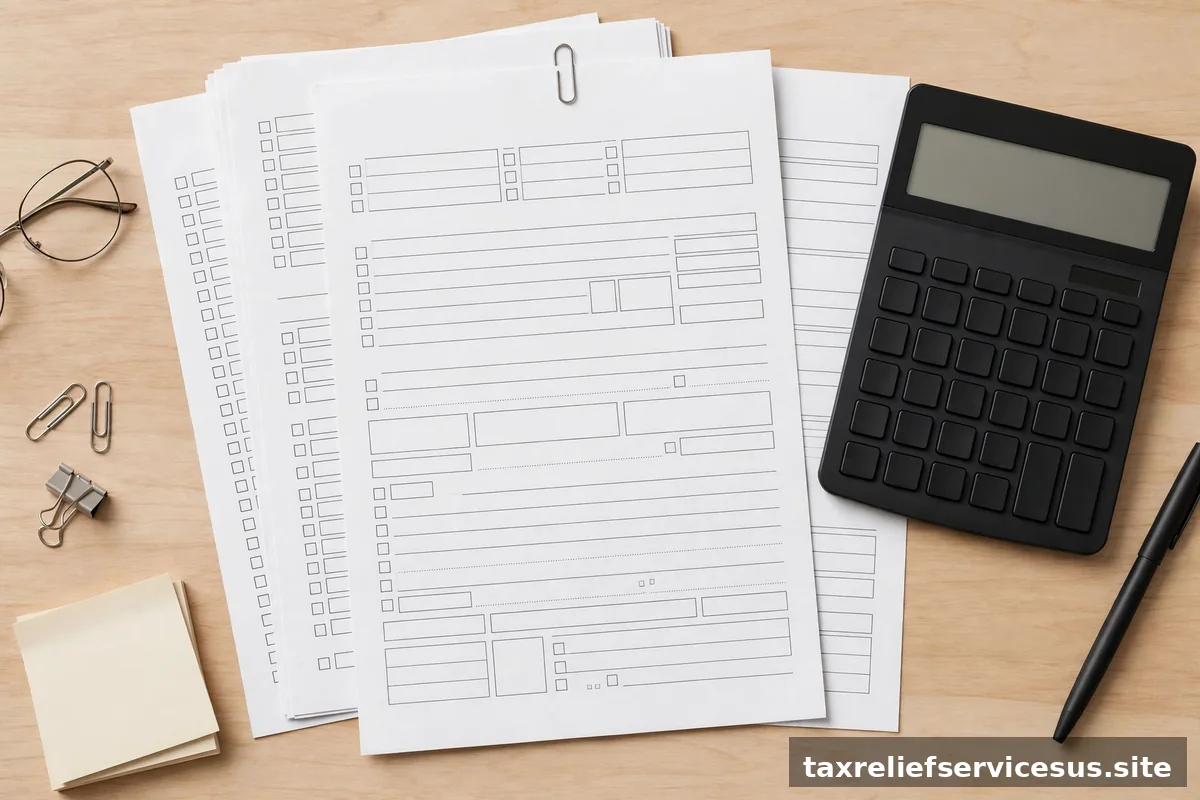 IRS installment agreement paperwork and calculator on a desk