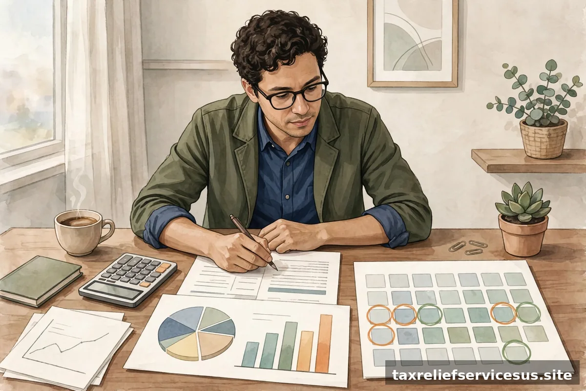 Person reviewing monthly budget with tax payment schedule