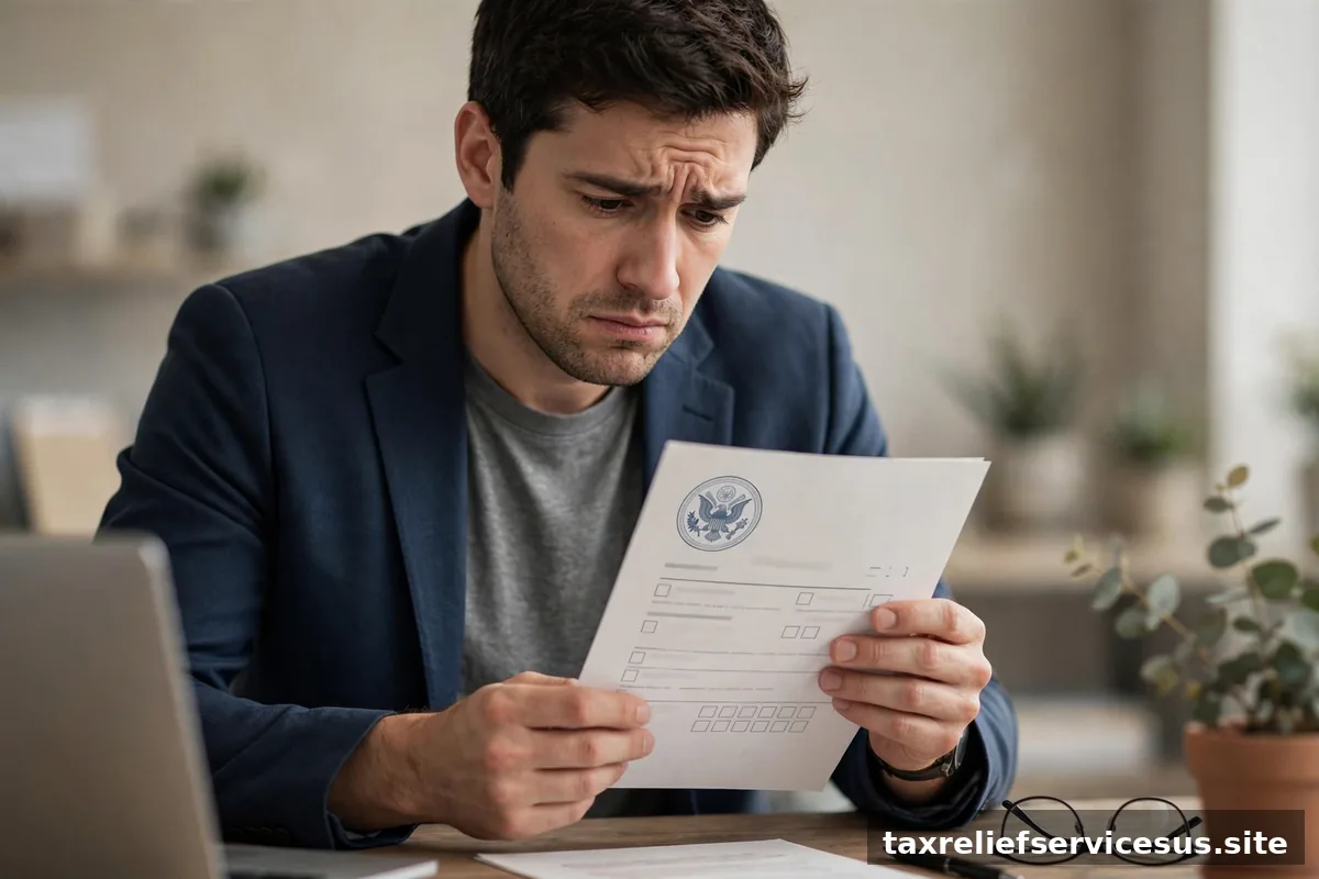 Worried person looking at IRS notice letter about missed payment