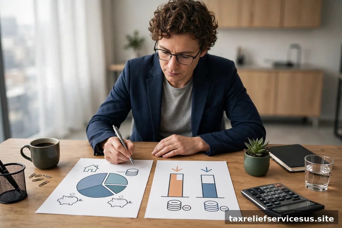 Person calculating assets versus tax debt at desk