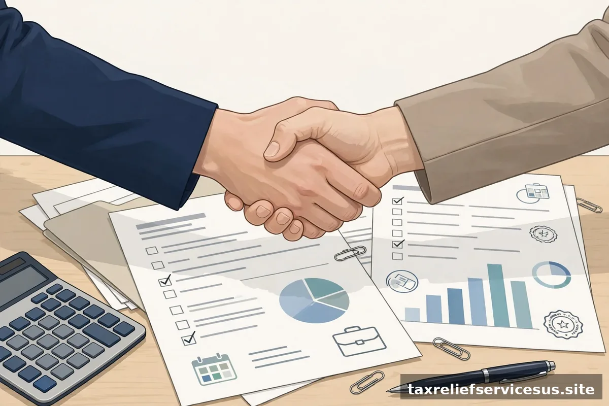 Handshake over tax settlement documents concept