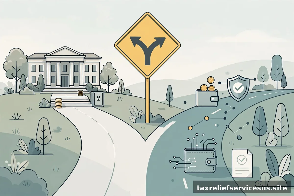 Two roads diverging sign concept for tax payment choices