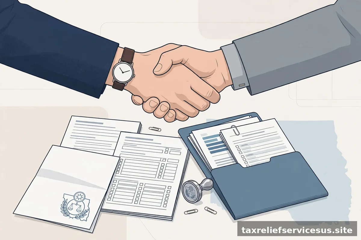 Settlement handshake concept with state tax documents
