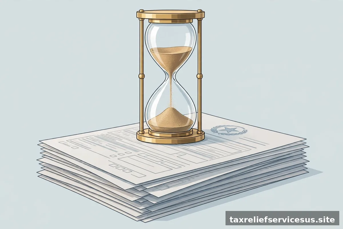 Hourglass over state tax documents concept for amnesty deadline