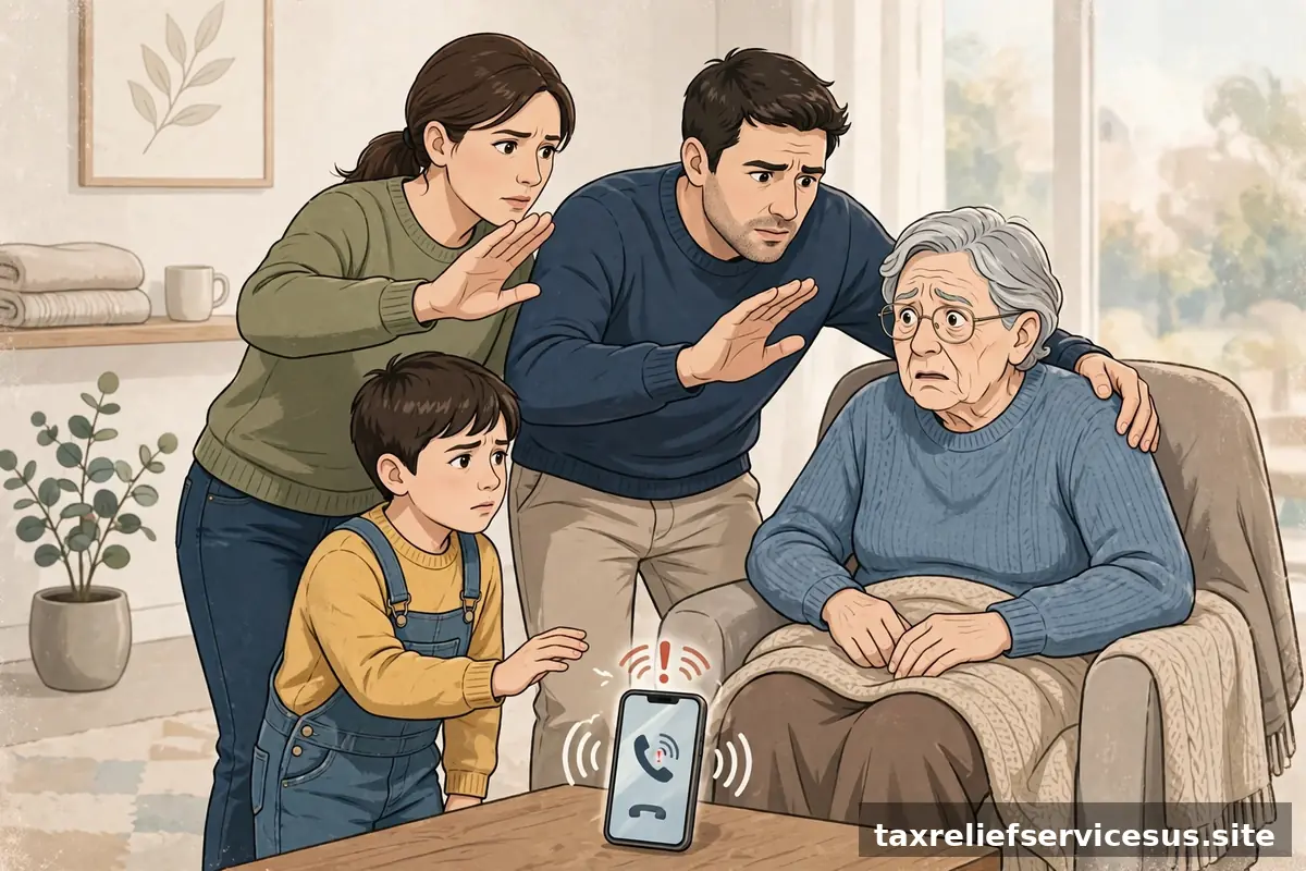 Family protecting elderly relative from tax scam call
