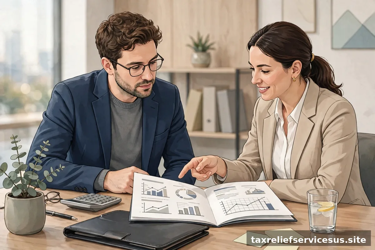 Person reviewing tax relief fee agreement with advisor